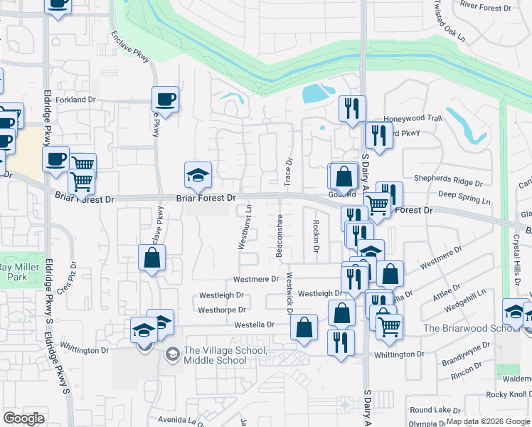 map of restaurants, bars, coffee shops, grocery stores, and more near 1522 Beaconshire in Houston