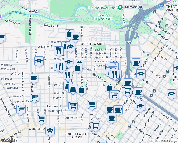 map of restaurants, bars, coffee shops, grocery stores, and more near 702 Victor Street in Houston