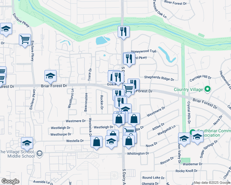map of restaurants, bars, coffee shops, grocery stores, and more near 12616 Briar Forest Drive in Houston