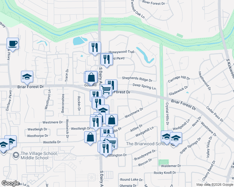 map of restaurants, bars, coffee shops, grocery stores, and more near 12522 Briar Forest Drive in Houston