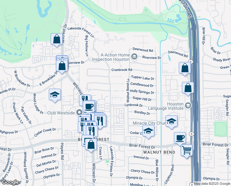map of restaurants, bars, coffee shops, grocery stores, and more near 10830 Holly Springs Drive in Houston
