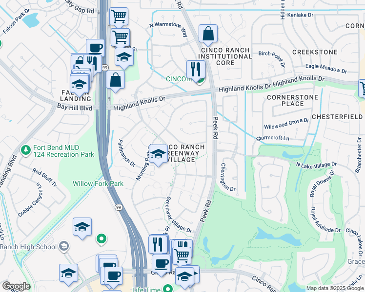 map of restaurants, bars, coffee shops, grocery stores, and more near 1902 Dawn Hollow Lane in Katy