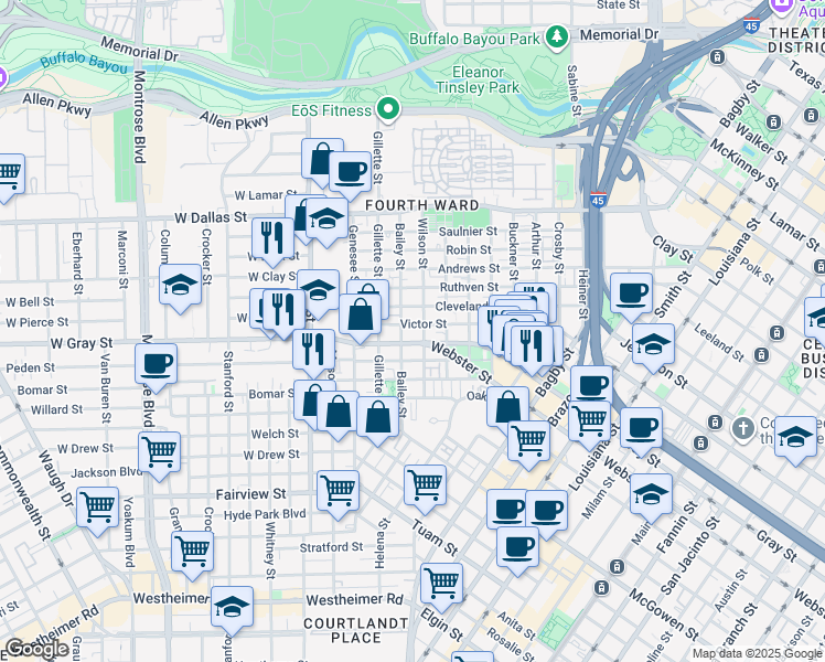 map of restaurants, bars, coffee shops, grocery stores, and more near 180 West Gray Street in Houston