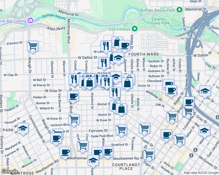 map of restaurants, bars, coffee shops, grocery stores, and more near 317 West Pierce Street in Houston