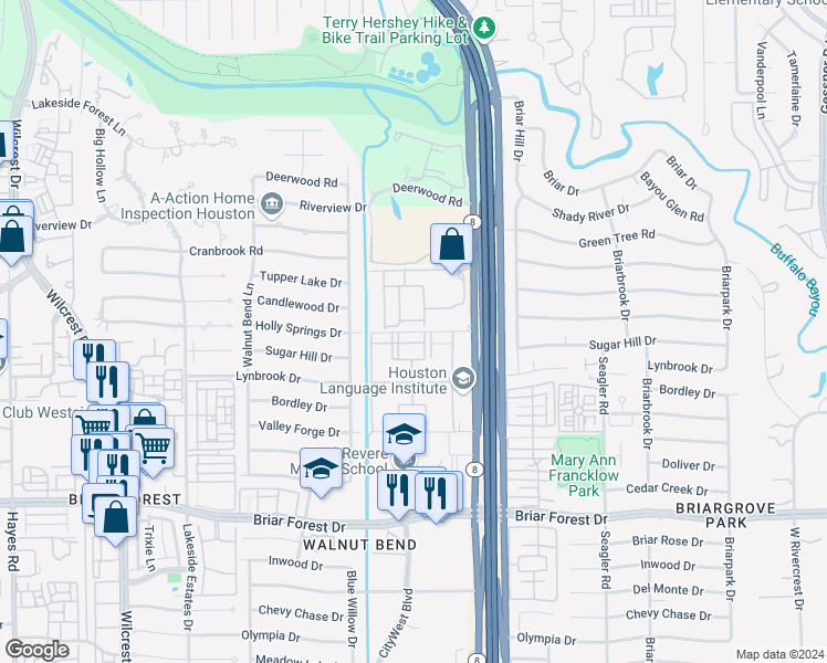 map of restaurants, bars, coffee shops, grocery stores, and more near 10590 Holly Point Drive in Houston