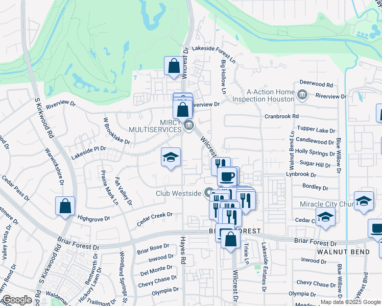 map of restaurants, bars, coffee shops, grocery stores, and more near 1414 Sandy Springs Road in Houston