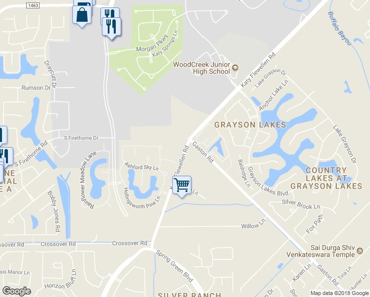 map of restaurants, bars, coffee shops, grocery stores, and more near 2581 Katy Flewellen Road in Katy