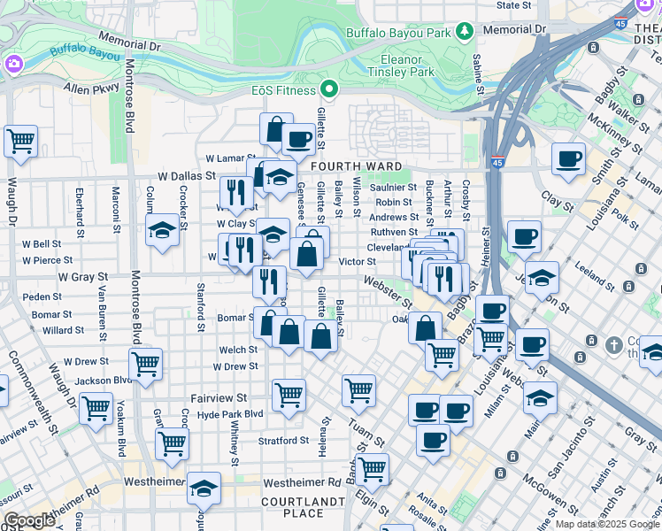 map of restaurants, bars, coffee shops, grocery stores, and more near 702 Victor Street in Houston