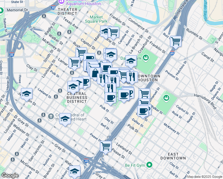 map of restaurants, bars, coffee shops, grocery stores, and more near 1584 McKinney Street in Houston