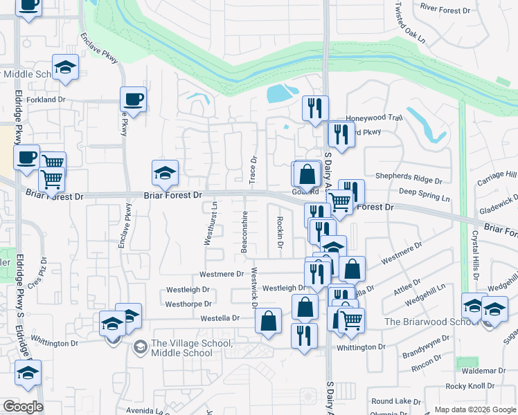 map of restaurants, bars, coffee shops, grocery stores, and more near 1506 Ainsdale Drive in Houston
