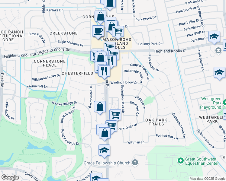 map of restaurants, bars, coffee shops, grocery stores, and more near 1921 Mason Road in Katy
