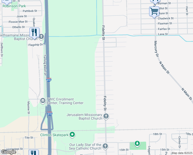 map of restaurants, bars, coffee shops, grocery stores, and more near 9702 Garcroft Street in Houston
