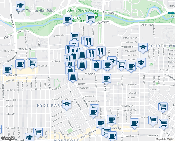 map of restaurants, bars, coffee shops, grocery stores, and more near 1238 West Pierce Street in Houston
