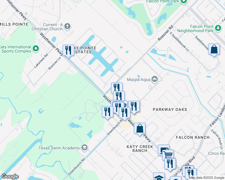 map of restaurants, bars, coffee shops, grocery stores, and more near 24935 Roesner Road in Katy