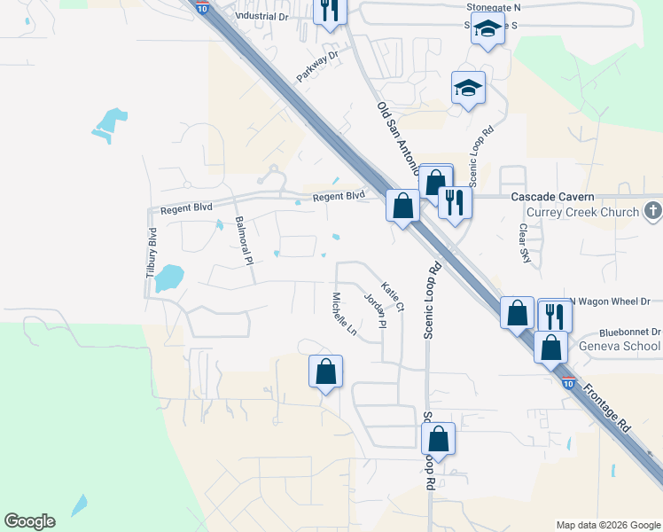 map of restaurants, bars, coffee shops, grocery stores, and more near 261 Michelle Lane in Boerne