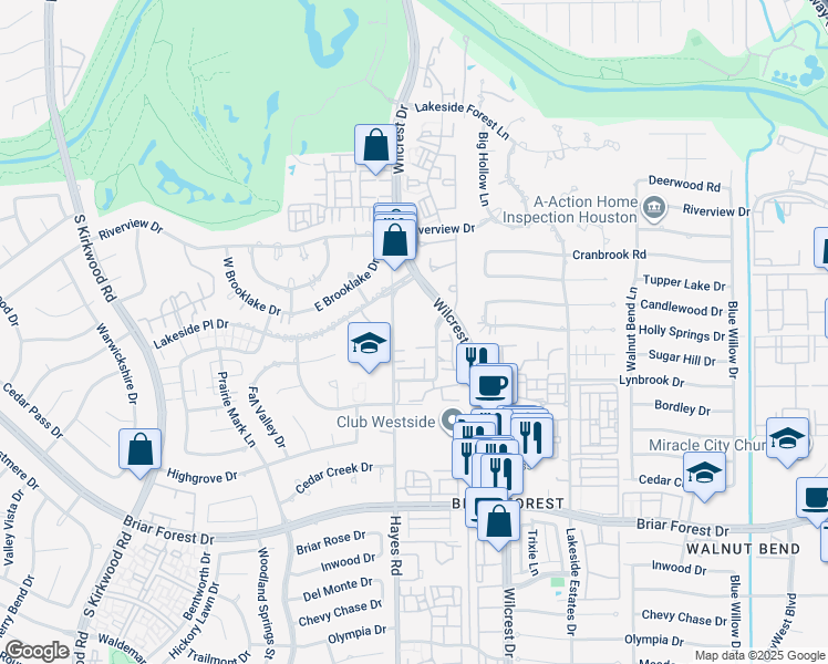 map of restaurants, bars, coffee shops, grocery stores, and more near 1414 Sandy Springs Road in Houston