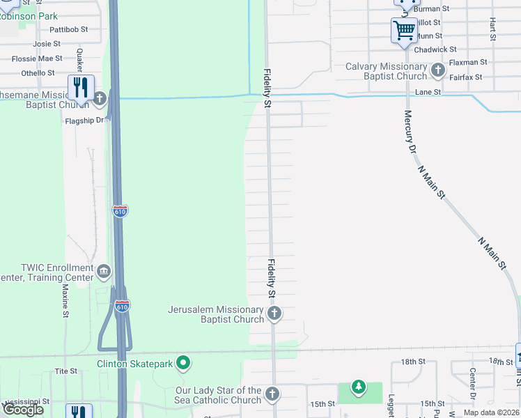 map of restaurants, bars, coffee shops, grocery stores, and more near 9744 Garcroft Street in Houston