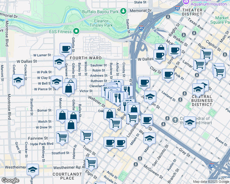 map of restaurants, bars, coffee shops, grocery stores, and more near 901 Cleveland Street in Houston