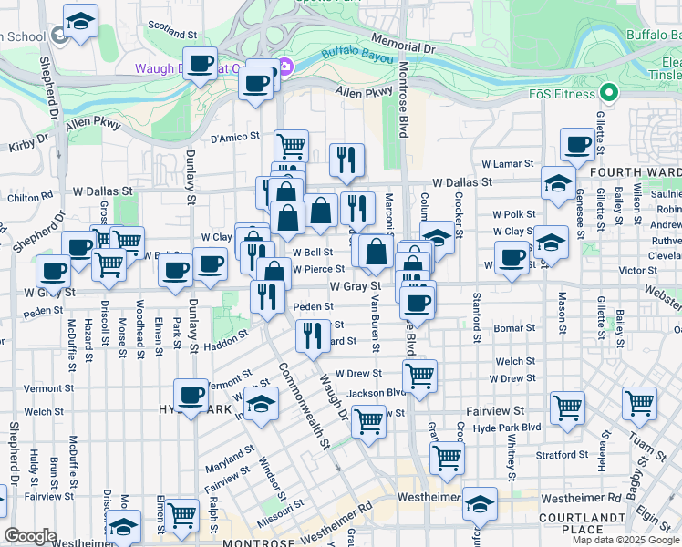 map of restaurants, bars, coffee shops, grocery stores, and more near 1238 West Pierce Street in Houston