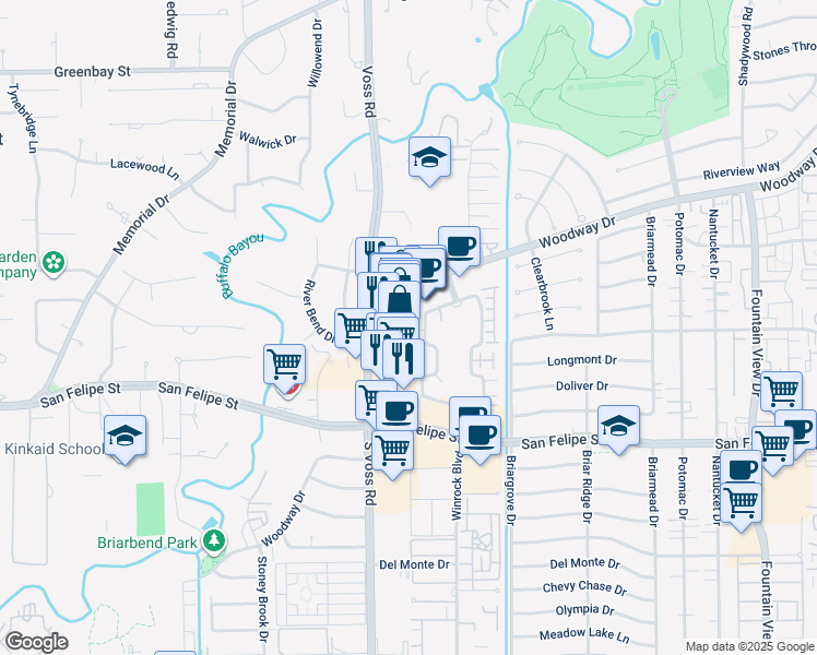 map of restaurants, bars, coffee shops, grocery stores, and more near 1254 Wood Hollow Drive in Houston