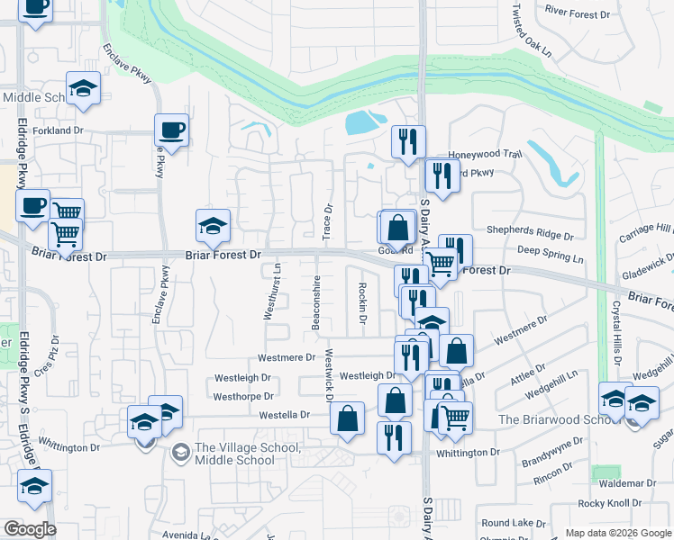 map of restaurants, bars, coffee shops, grocery stores, and more near 1506 Ainsdale Drive in Houston