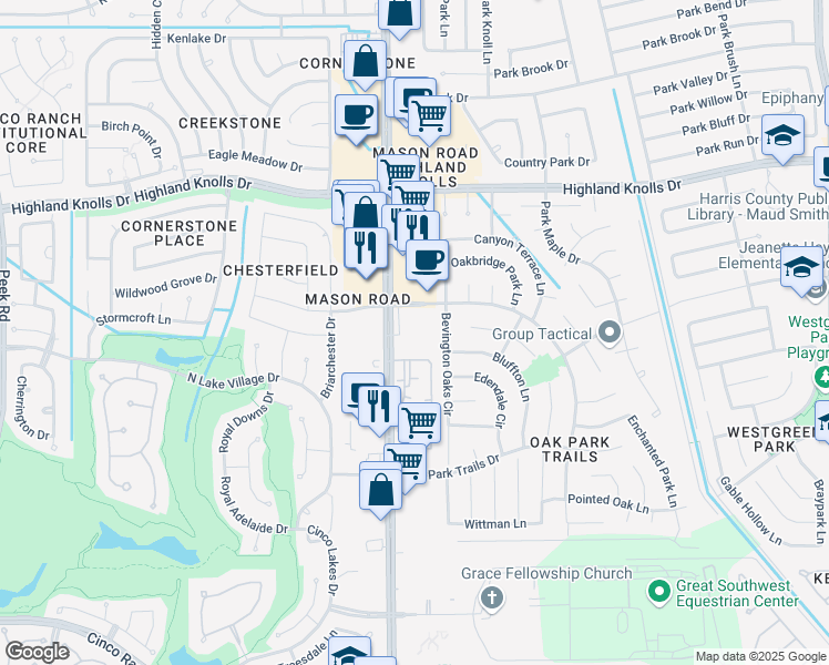 map of restaurants, bars, coffee shops, grocery stores, and more near 1921 Mason Road in Katy