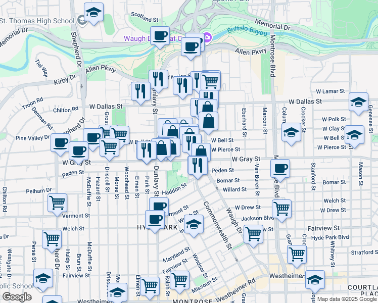 map of restaurants, bars, coffee shops, grocery stores, and more near 1432 West Gray Street in Houston