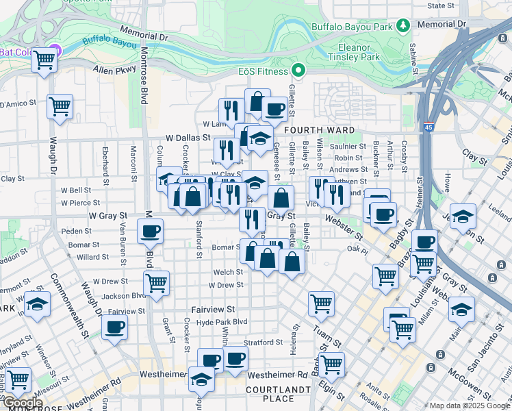 map of restaurants, bars, coffee shops, grocery stores, and more near 1501 Taft Street in Houston