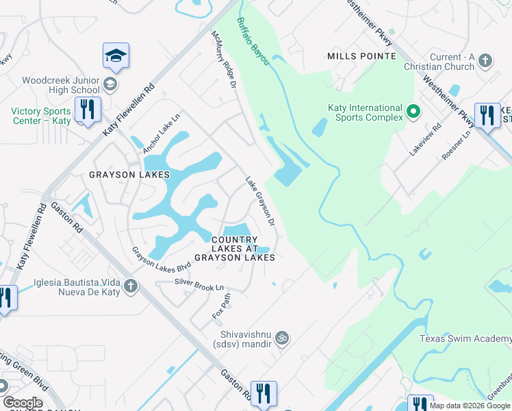 map of restaurants, bars, coffee shops, grocery stores, and more near 1907 Lakeside Crossing in Katy