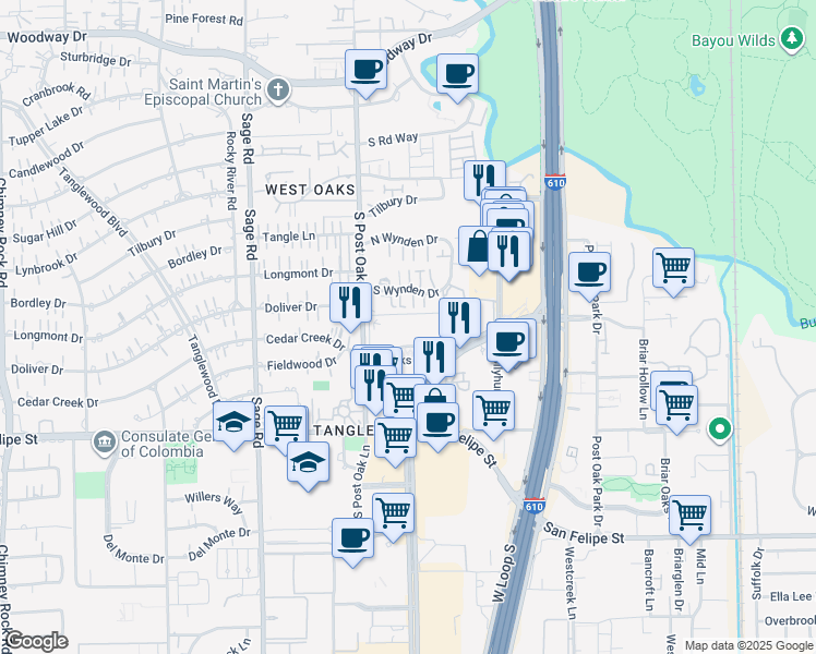map of restaurants, bars, coffee shops, grocery stores, and more near 1130 Post Oak Boulevard in Houston