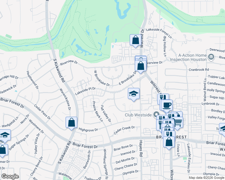 map of restaurants, bars, coffee shops, grocery stores, and more near 11514 Lakeside Place Drive in Houston