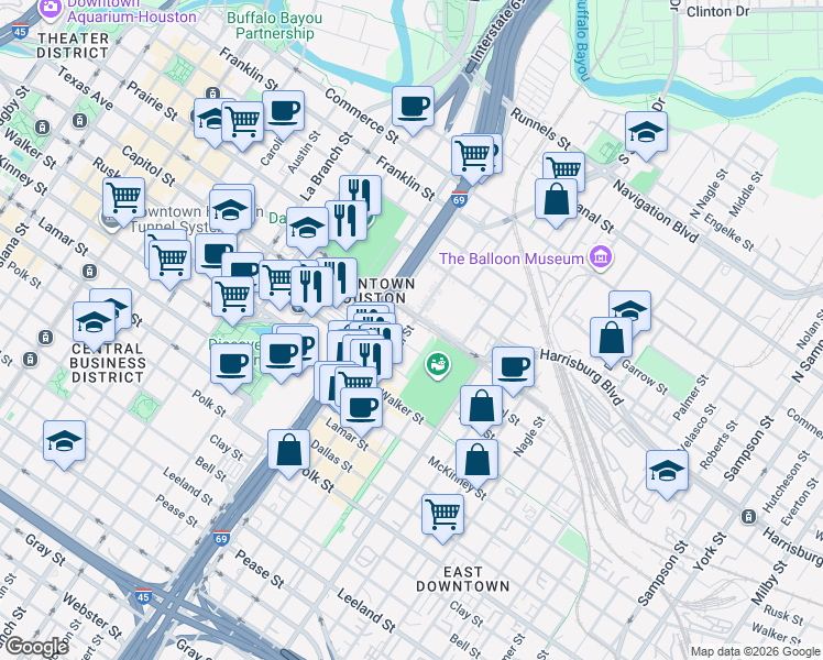 map of restaurants, bars, coffee shops, grocery stores, and more near 610 Saint Emanuel Street in Houston
