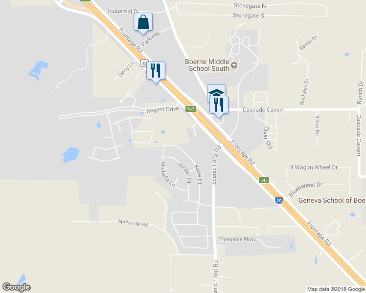map of restaurants, bars, coffee shops, grocery stores, and more near 253 Katie Court in Boerne