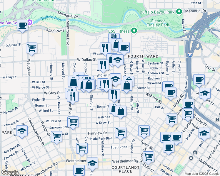 map of restaurants, bars, coffee shops, grocery stores, and more near 317 West Pierce Street in Houston