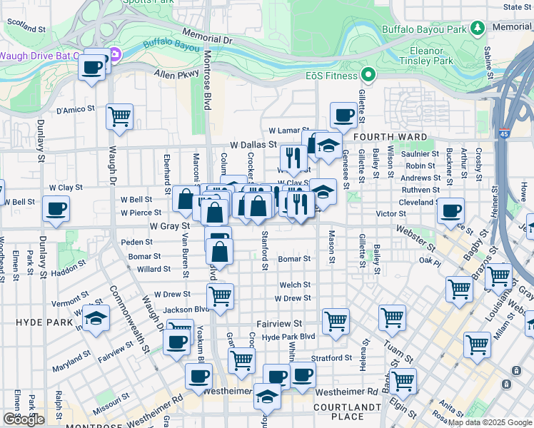 map of restaurants, bars, coffee shops, grocery stores, and more near 1501 Crocker Street in Houston