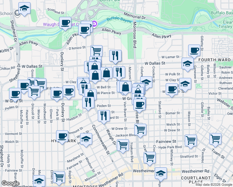 map of restaurants, bars, coffee shops, grocery stores, and more near 1243 West Pierce Street in Houston