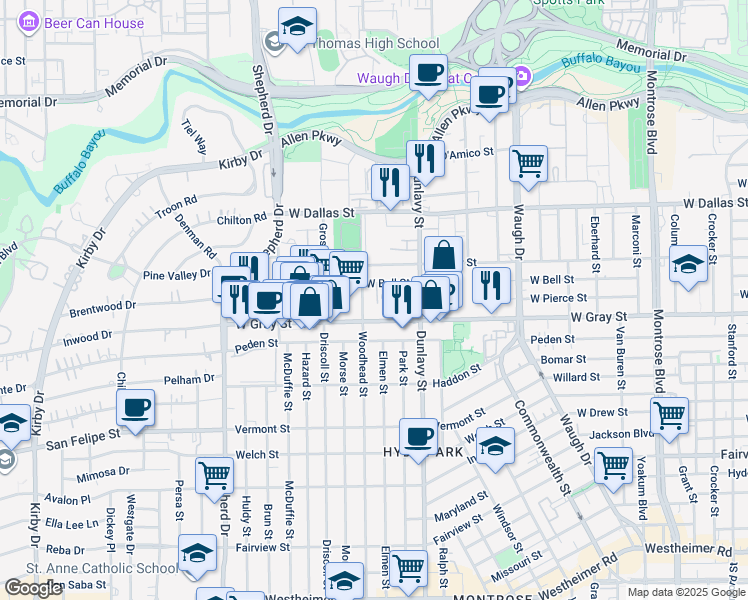map of restaurants, bars, coffee shops, grocery stores, and more near 1313 Woodhead Street in Houston