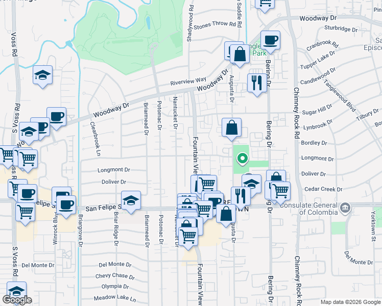map of restaurants, bars, coffee shops, grocery stores, and more near 5888 Valley Forge Drive in Houston