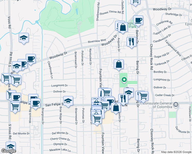 map of restaurants, bars, coffee shops, grocery stores, and more near 5920 Valley Forge Drive in Houston