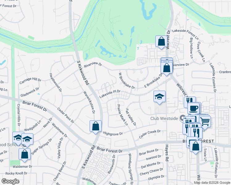 map of restaurants, bars, coffee shops, grocery stores, and more near 11625 Lakeside Place Drive in Houston