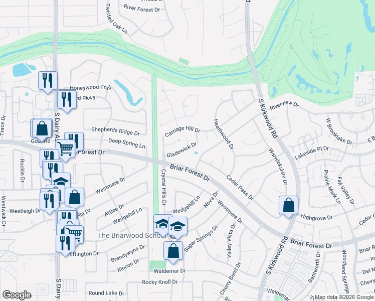 map of restaurants, bars, coffee shops, grocery stores, and more near 12207 Gladewick Drive in Houston