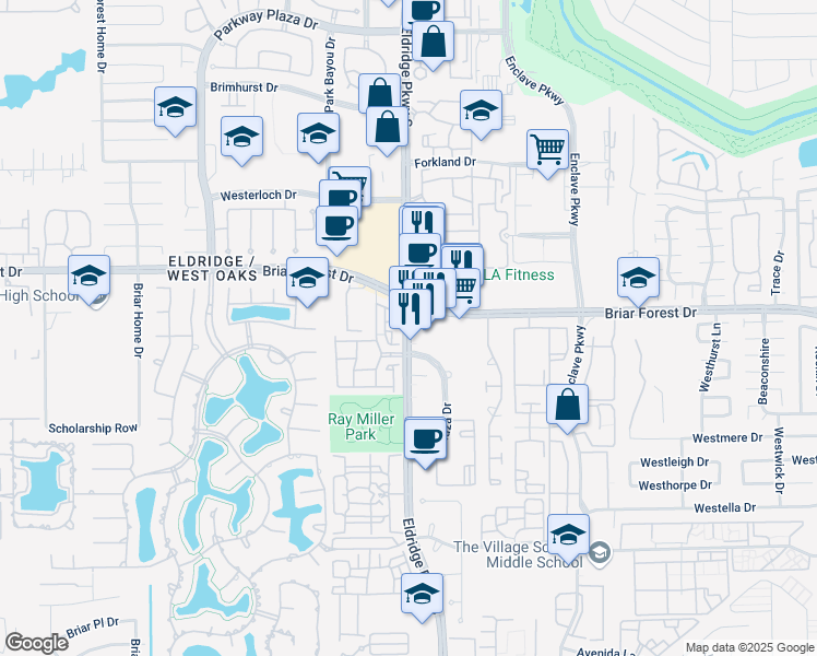 map of restaurants, bars, coffee shops, grocery stores, and more near 1165 Eldridge Parkway South in Houston