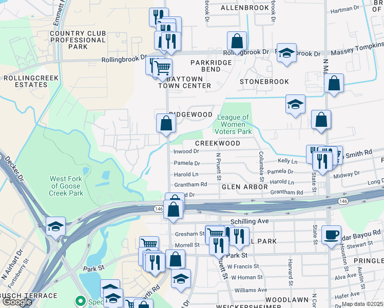 map of restaurants, bars, coffee shops, grocery stores, and more near 701 Inwood Drive in Baytown