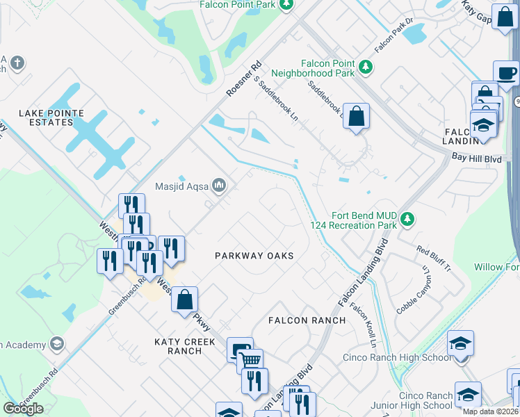 map of restaurants, bars, coffee shops, grocery stores, and more near 2518 Oakthorn Court in Katy