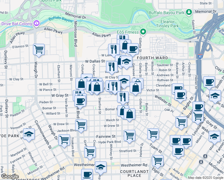 map of restaurants, bars, coffee shops, grocery stores, and more near 317 West Pierce Street in Houston