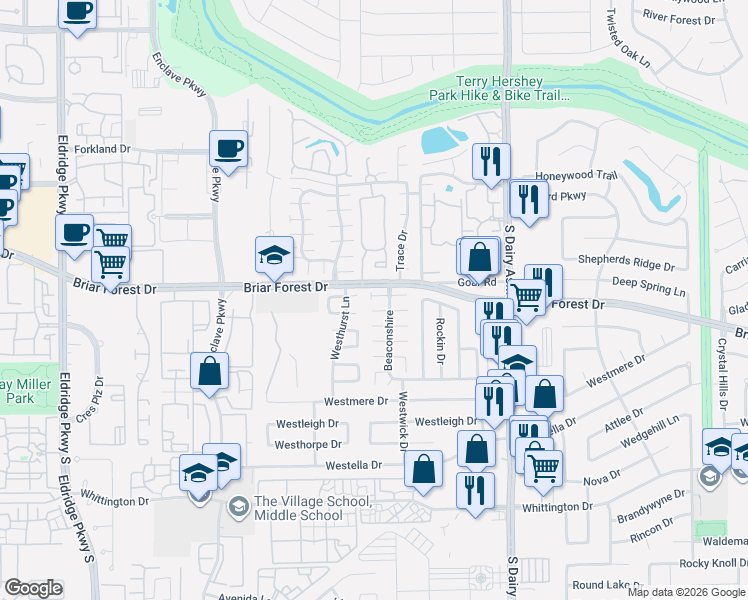 map of restaurants, bars, coffee shops, grocery stores, and more near 1522 Beaconshire in Houston