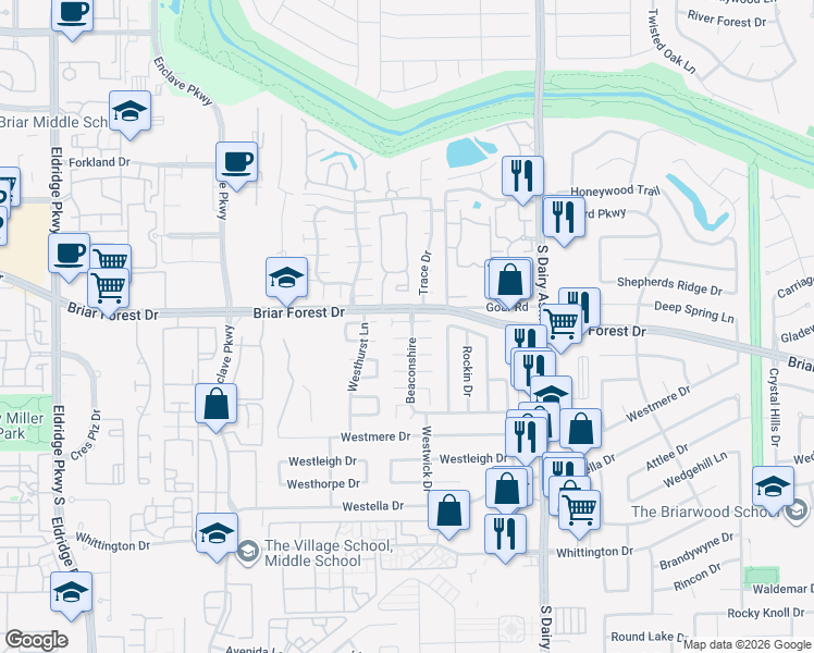 map of restaurants, bars, coffee shops, grocery stores, and more near 1522 Beaconshire in Houston