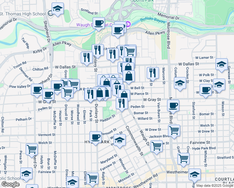 map of restaurants, bars, coffee shops, grocery stores, and more near 1432 West Gray Street in Houston