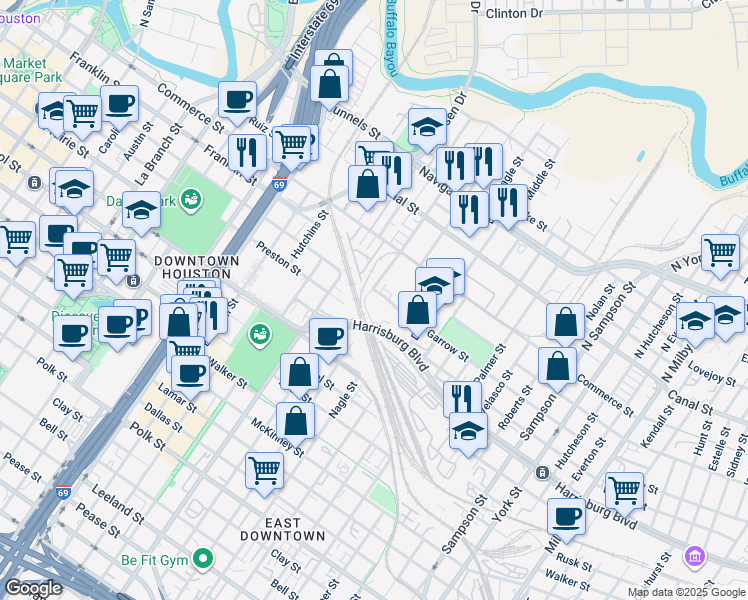 map of restaurants, bars, coffee shops, grocery stores, and more near 309 Saint Charles Street in Houston