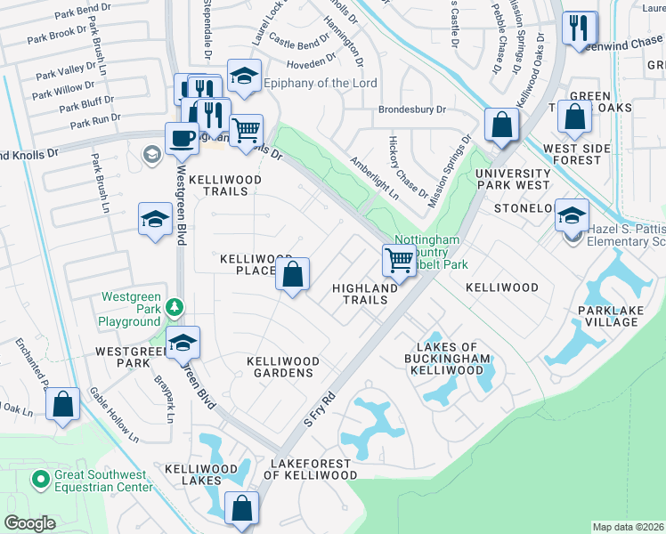 map of restaurants, bars, coffee shops, grocery stores, and more near 2111 Mossy Trail Drive in Katy